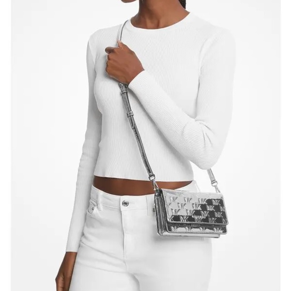 Michael Kors Jet Set Small Phone Crossbody Silver Metallic Monogram